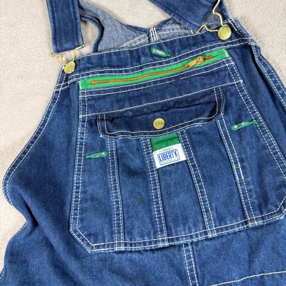 Liberty Overalls Men 38x30 Blue Denim Bib Green Zipper Workwear Dungarees